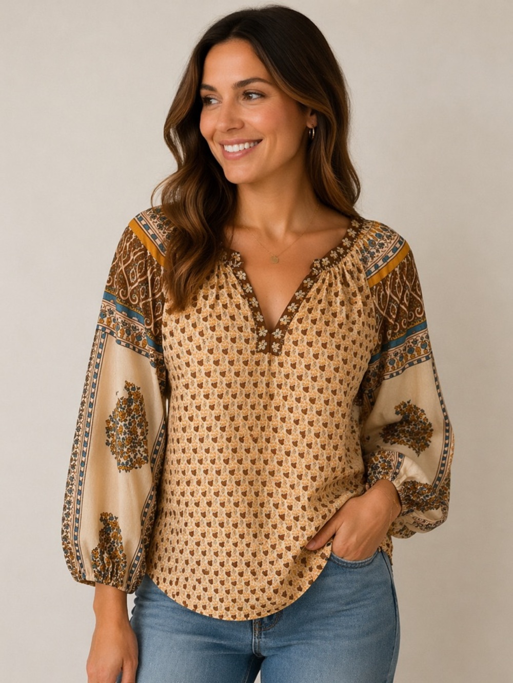 Lucky Brand Boho Paisley V Neck Long Sleeve Peasant Blouse Ladies Small